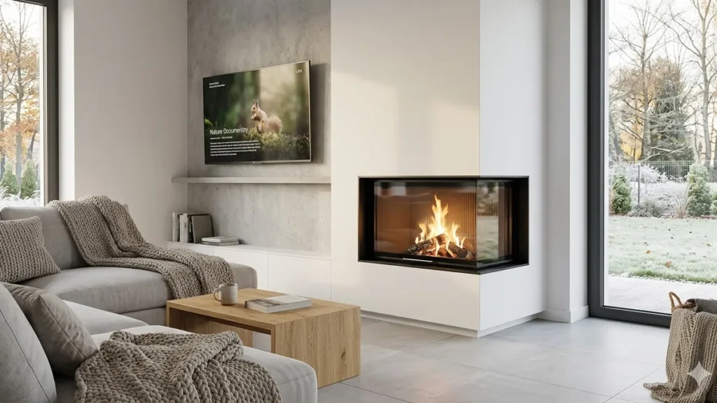 Salon z kominkiem narożnym i telewizorem – jasne wnętrze z betonem architektonicznym