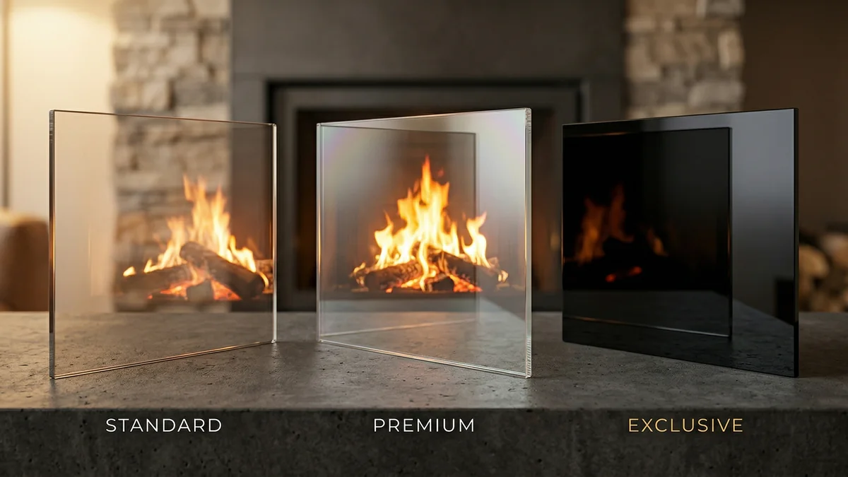 Trzy klasy szyb kominkowych: Standard (EuroKera Keralite), Premium (samoczyszcząca) i Exclusive (NightFlame) — porównanie ceramiki szklanej do kominka Trzy klasy szyb kominkowych: Standard (EuroKera Keralite), Premium (samoczyszcząca) i Exclusive (NightFlame) — porównanie ceramiki szklanej do kominka